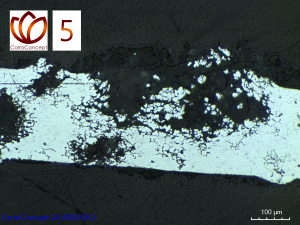 Mikroskopische Aufnahme eines metallografischen Schliffs zur Darstellung von interkristalliner Korrosion an Aluminium
